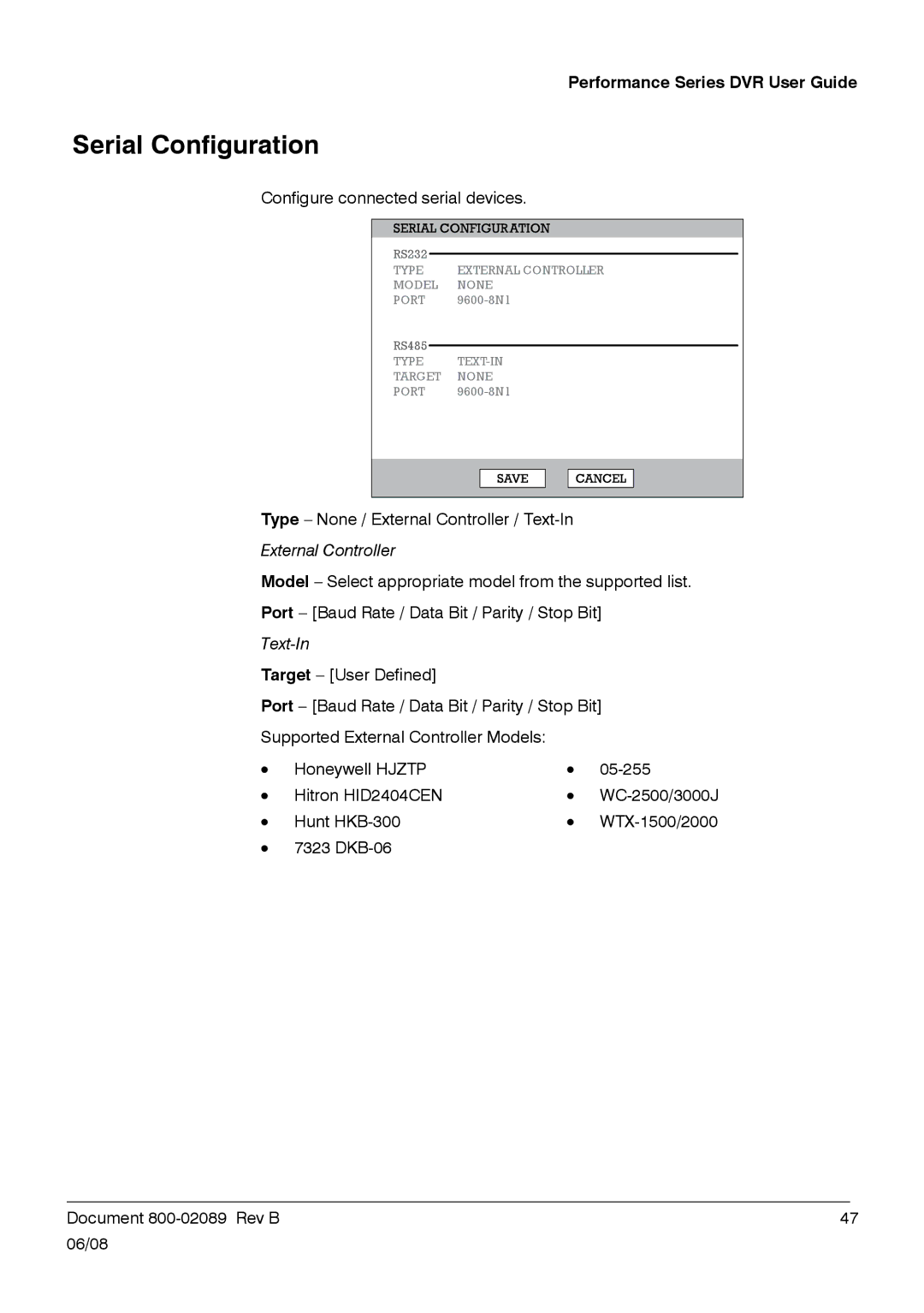 Honeywell HRDP DVR manual Serial Configuration, Configure connected serial devices 