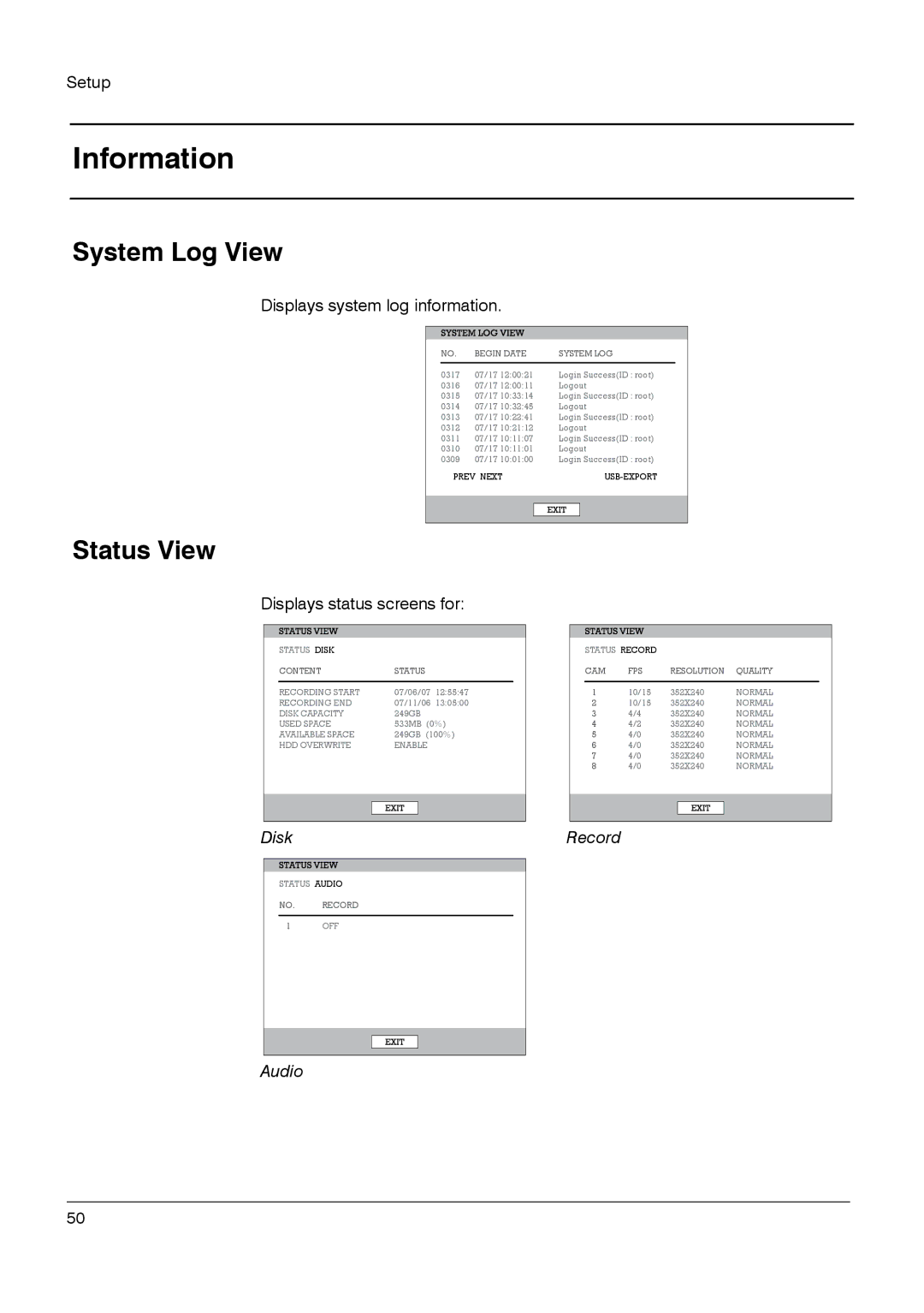 Honeywell HRDP DVR manual Information, System Log View, Status View 