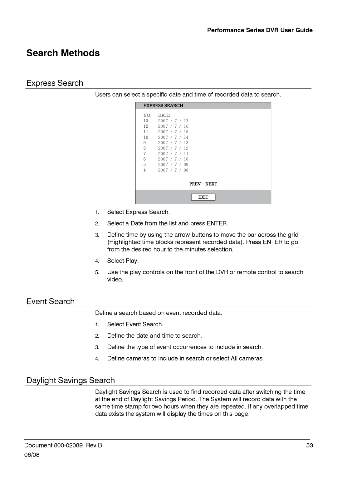 Honeywell HRDP DVR manual Search Methods, Express Search, Event Search, Daylight Savings Search 