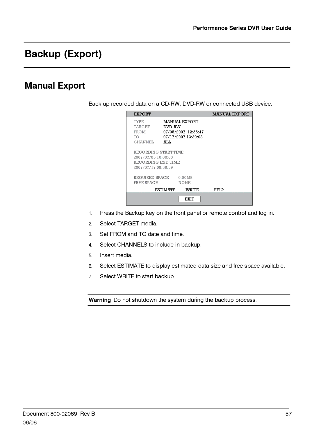 Honeywell HRDP DVR manual Backup Export, Manual Export 