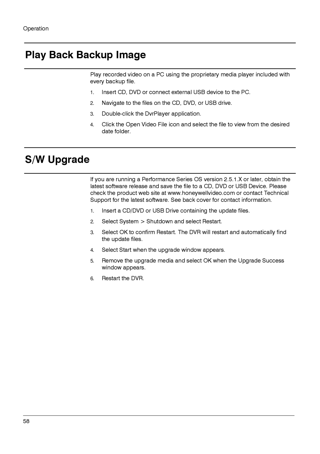 Honeywell HRDP DVR manual Play Back Backup Image, Upgrade 