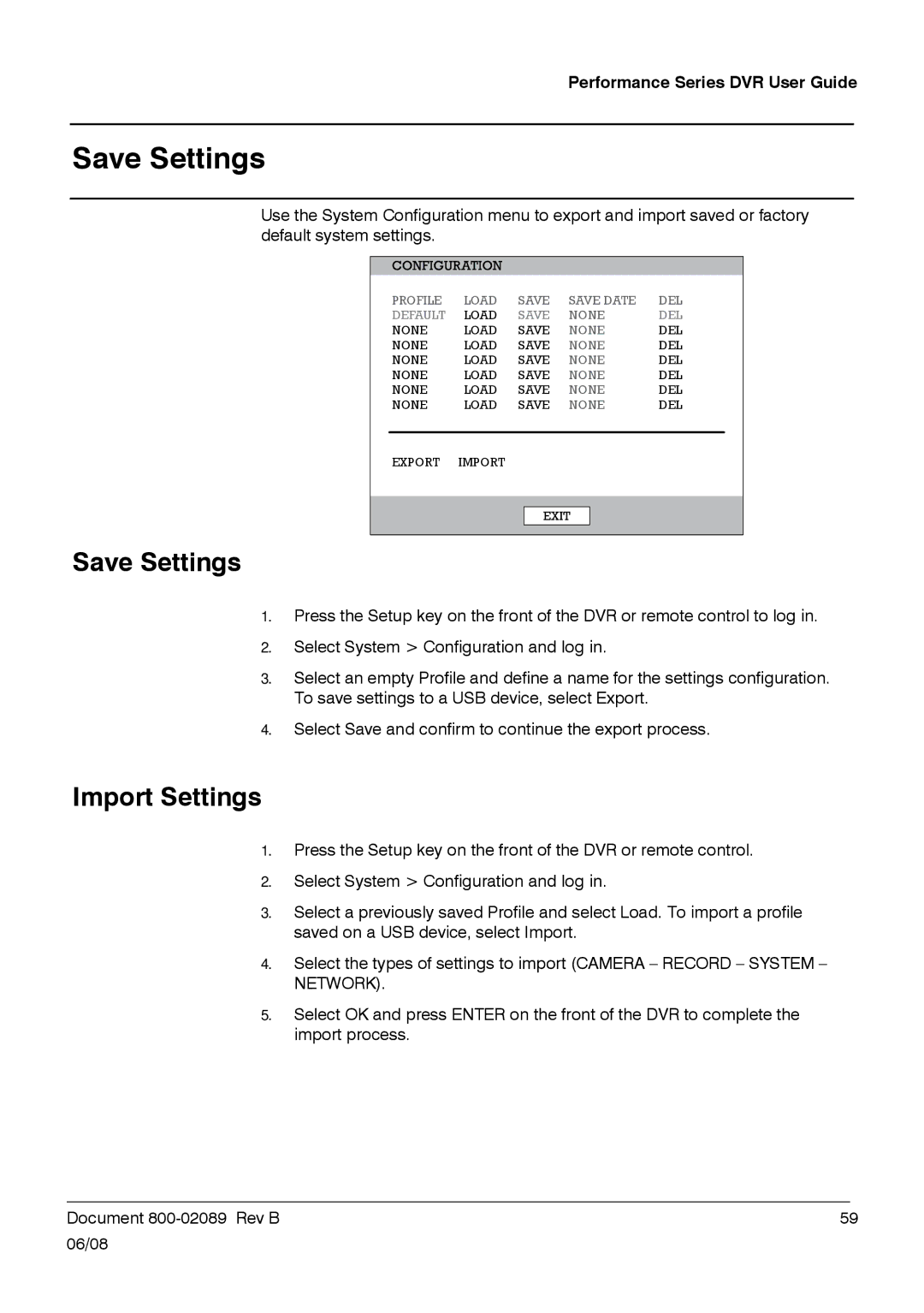 Honeywell HRDP DVR manual Save Settings, Import Settings 