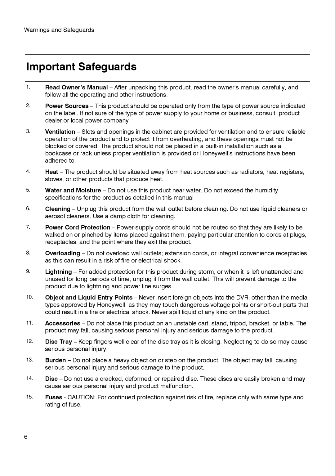 Honeywell HRDP DVR manual Important Safeguards 