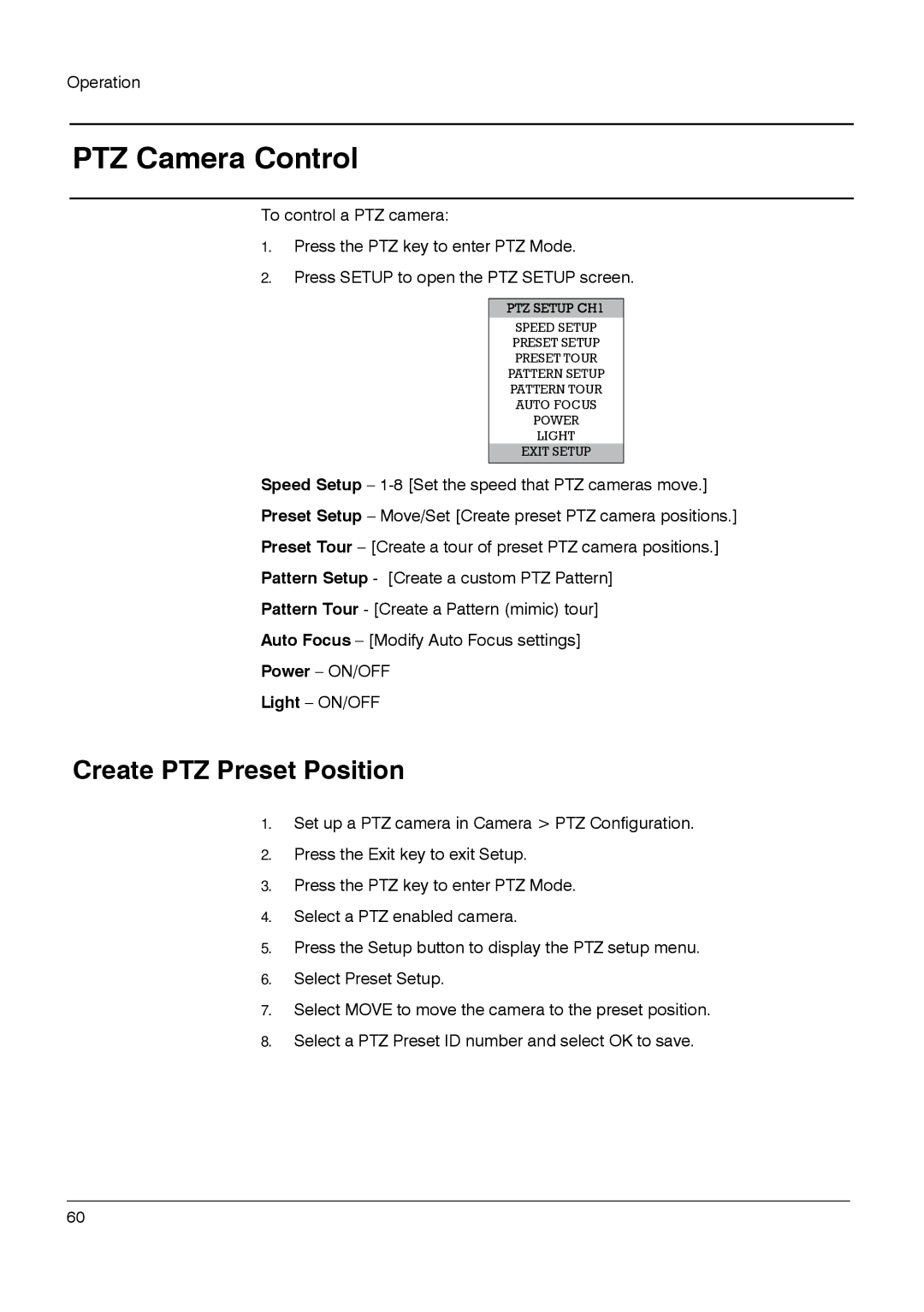 Honeywell HRDP DVR manual PTZ Camera Control, Create PTZ Preset Position 