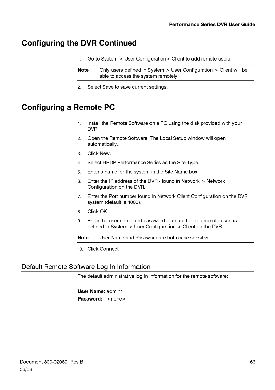 Honeywell HRDP DVR Configuring a Remote PC, Default Remote Software Log In Information, User Name admin1 Password none 