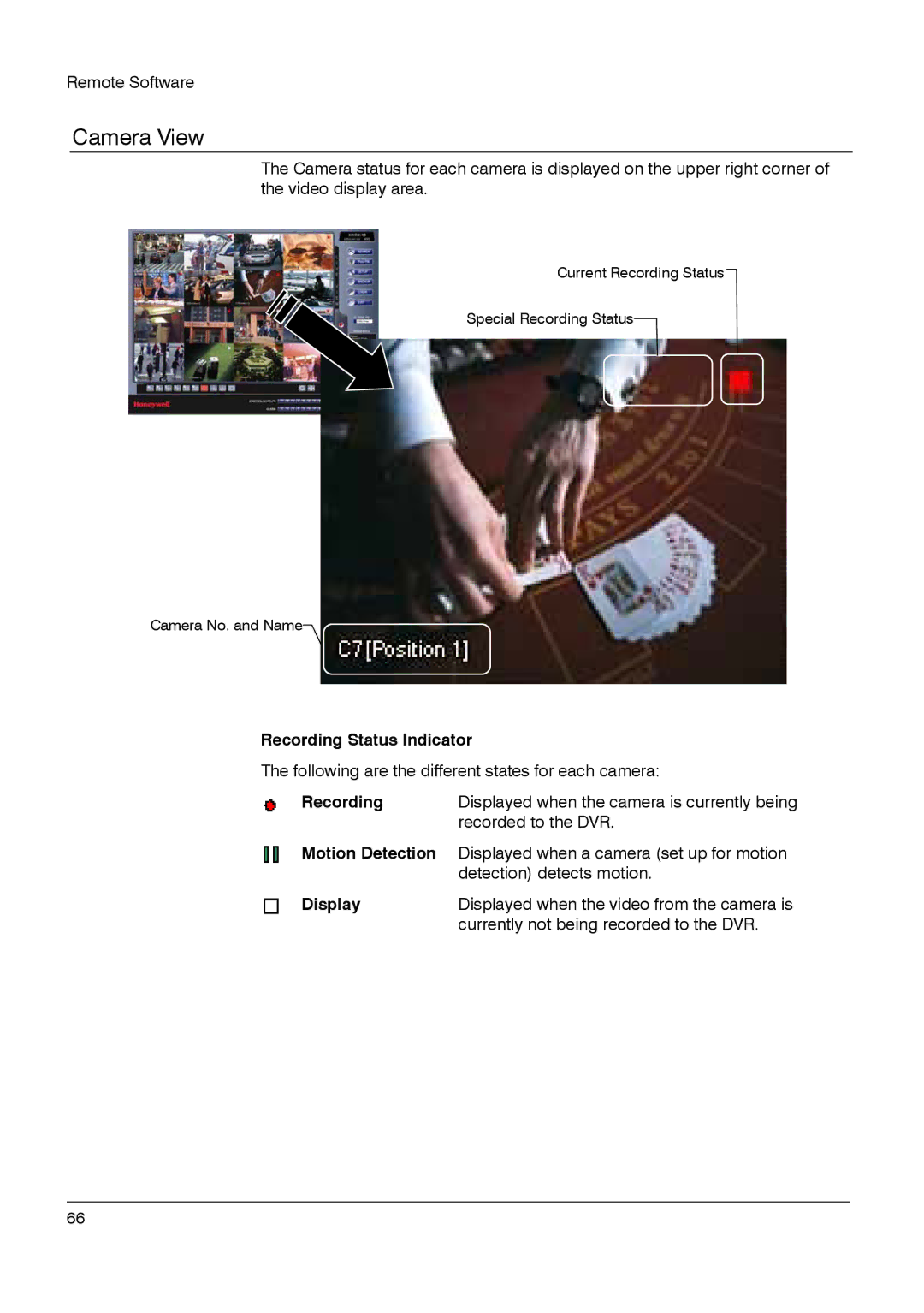 Honeywell HRDP DVR manual Camera View, Recording Status Indicator, Motion Detection, Display 
