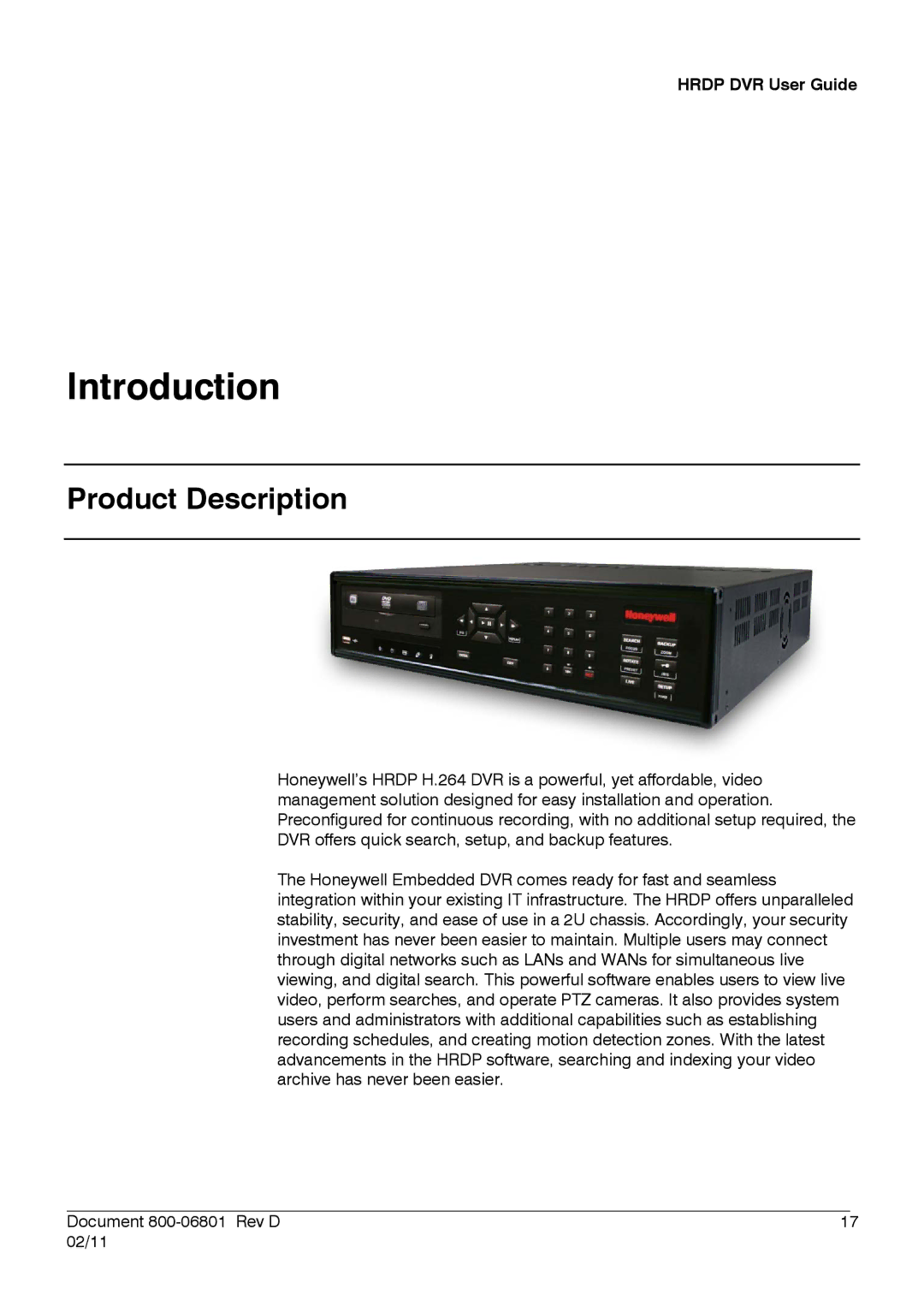 Honeywell HRDPX manual Introduction, Product Description 