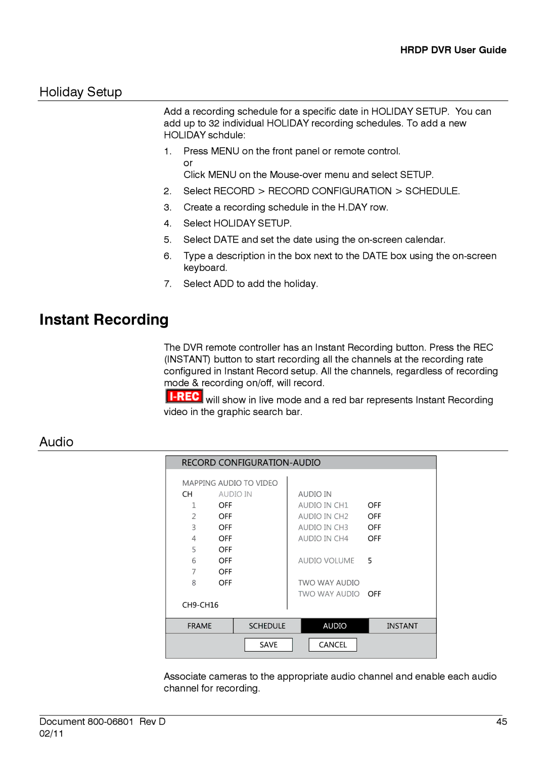 Honeywell HRDPX manual Instant Recording, Holiday Setup, Audio 