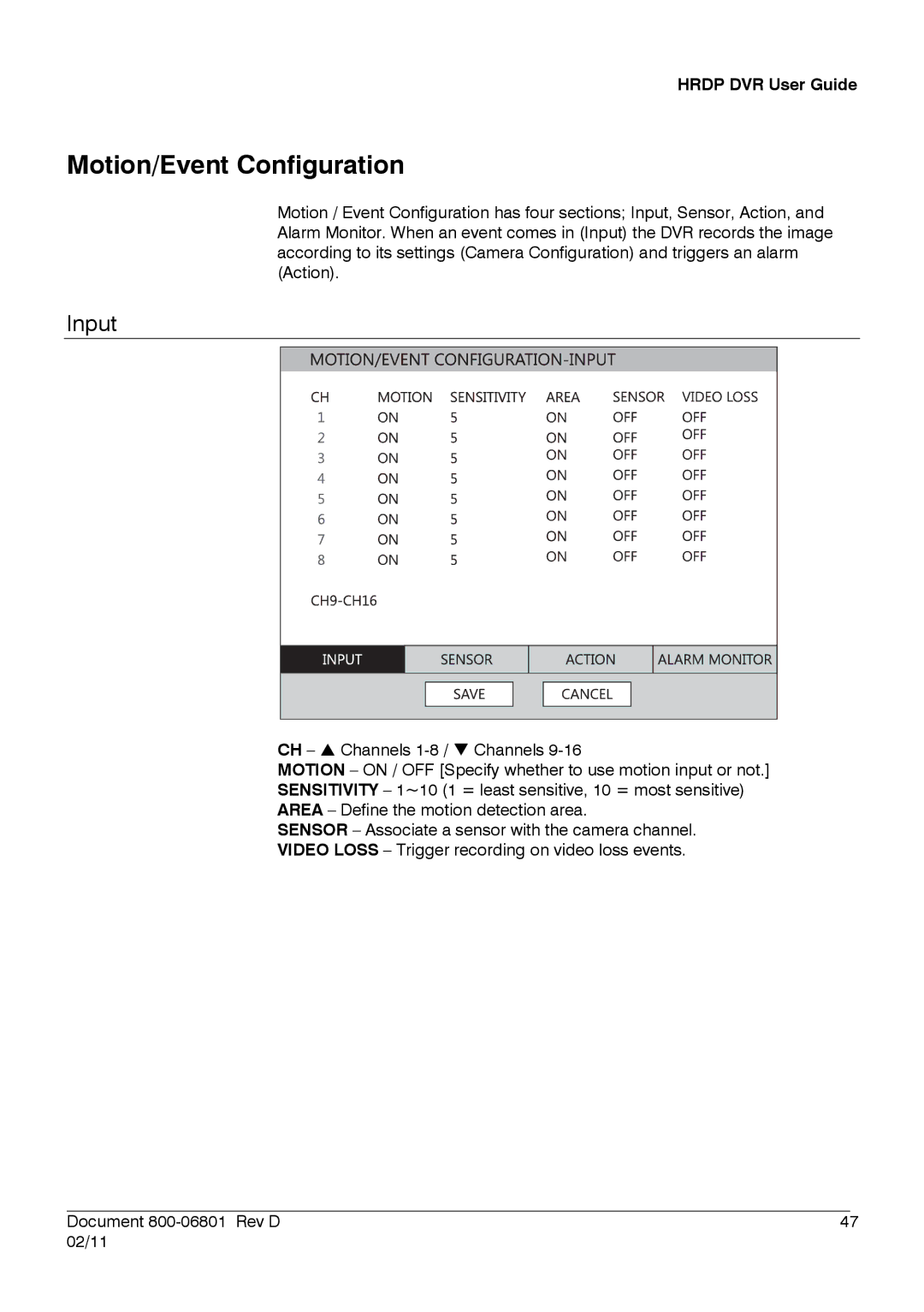 Honeywell HRDPX manual Motion/Event Configuration, Input 