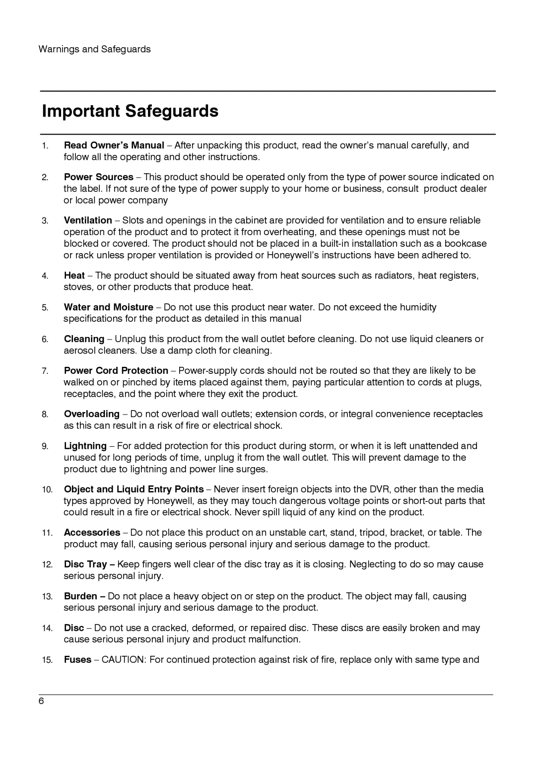 Honeywell HRDPX manual Important Safeguards 