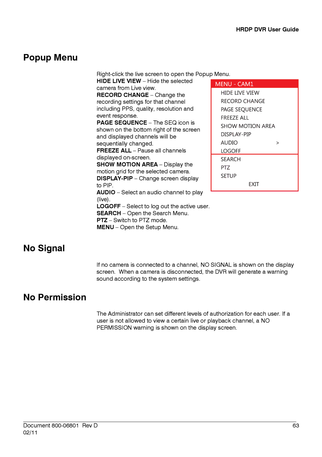 Honeywell HRDPX manual Popup Menu, No Signal, No Permission 