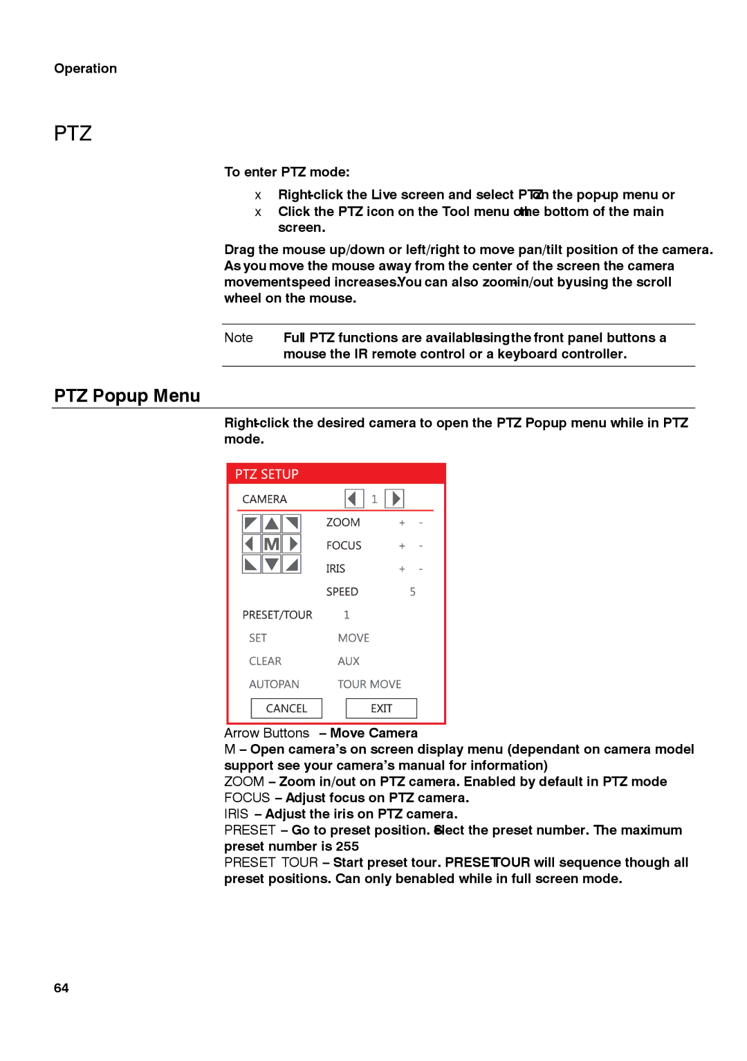 Honeywell HRDPX manual PTZ Popup Menu, Arrow Buttons Move Camera 