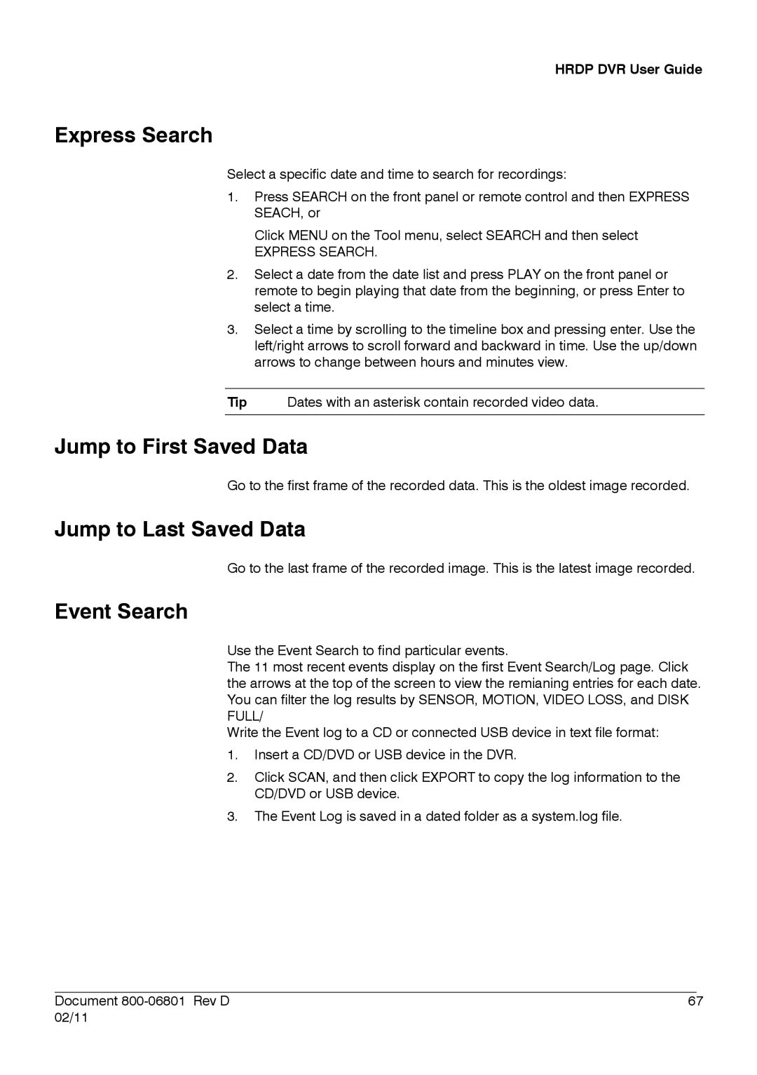 Honeywell HRDPX manual Express Search, Jump to First Saved Data, Jump to Last Saved Data, Event Search 