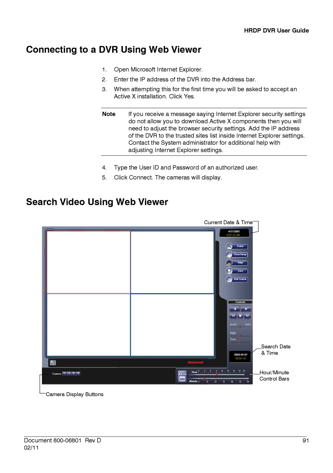 Honeywell HRDPX manual Connecting to a DVR Using Web Viewer, Search Video Using Web Viewer 