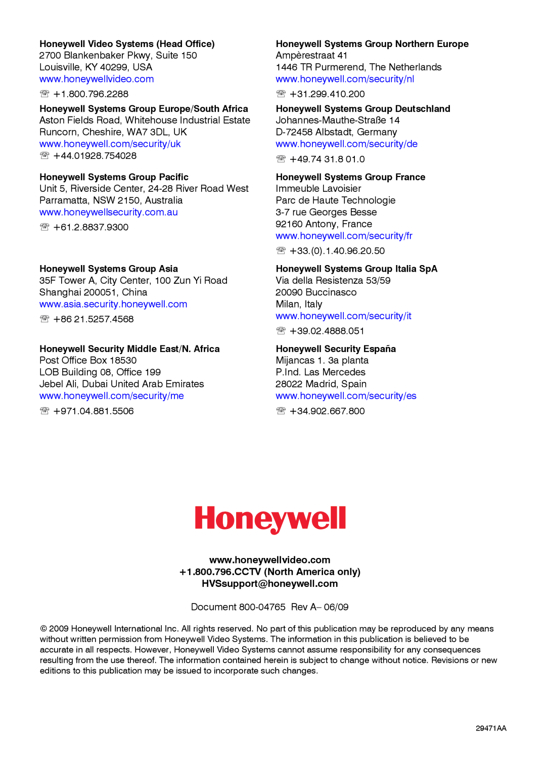 Honeywell HRDPX manual +1.800.796.CCTV North America only HVSsupport@honeywell.com, Document 800-04765 Rev A- 06/09 