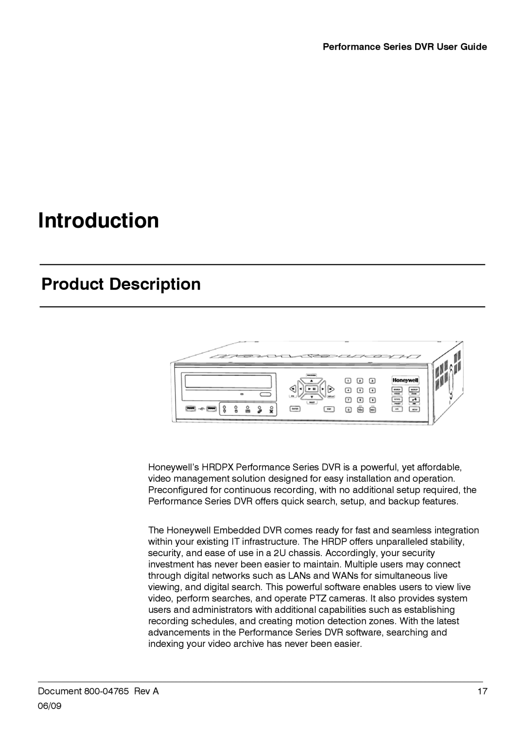 Honeywell HRDPX manual Introduction, Product Description 