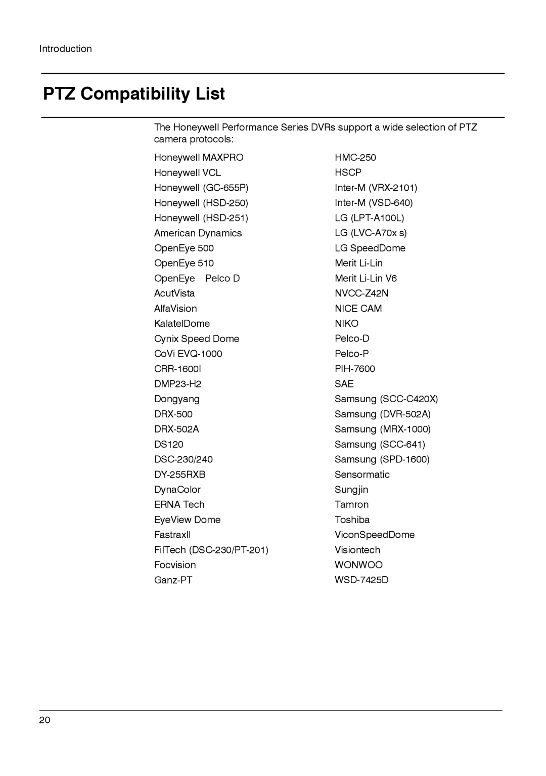 Honeywell HRDPX manual PTZ Compatibility List, Hscp 