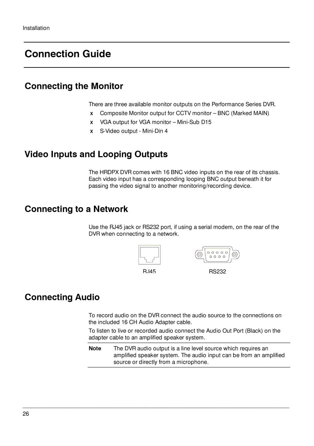 Honeywell HRDPX manual Connection Guide, Connecting the Monitor, Video Inputs and Looping Outputs, Connecting to a Network 