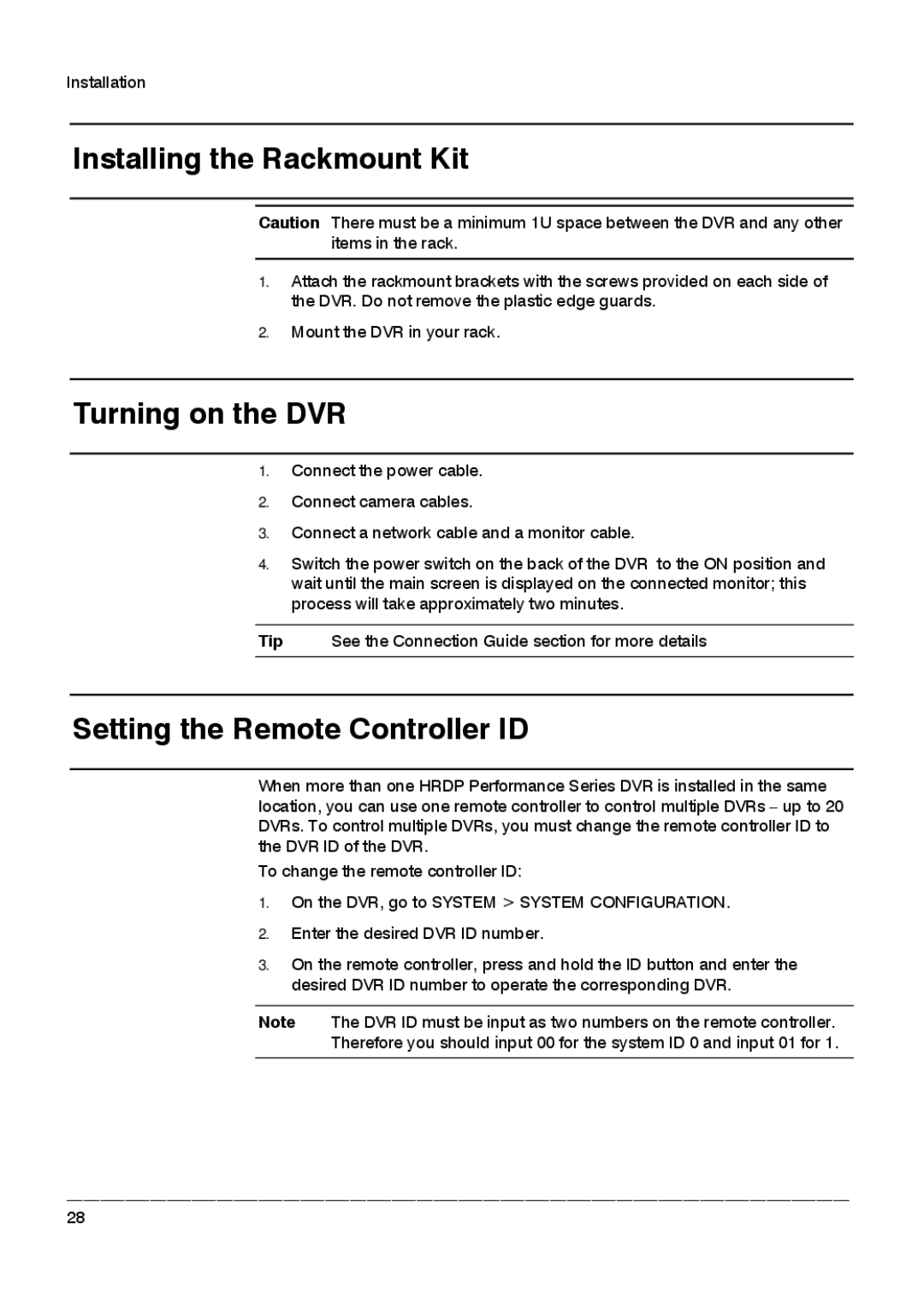 Honeywell HRDPX manual Installing the Rackmount Kit, Turning on the DVR, Setting the Remote Controller ID 