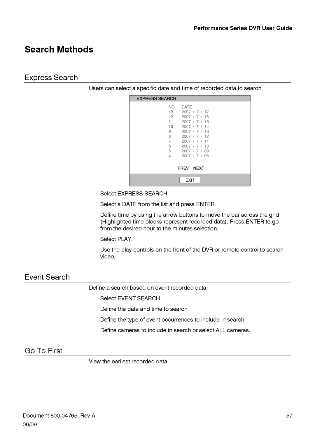 Honeywell HRDPX manual Search Methods, Express Search, Event Search, Go To First 