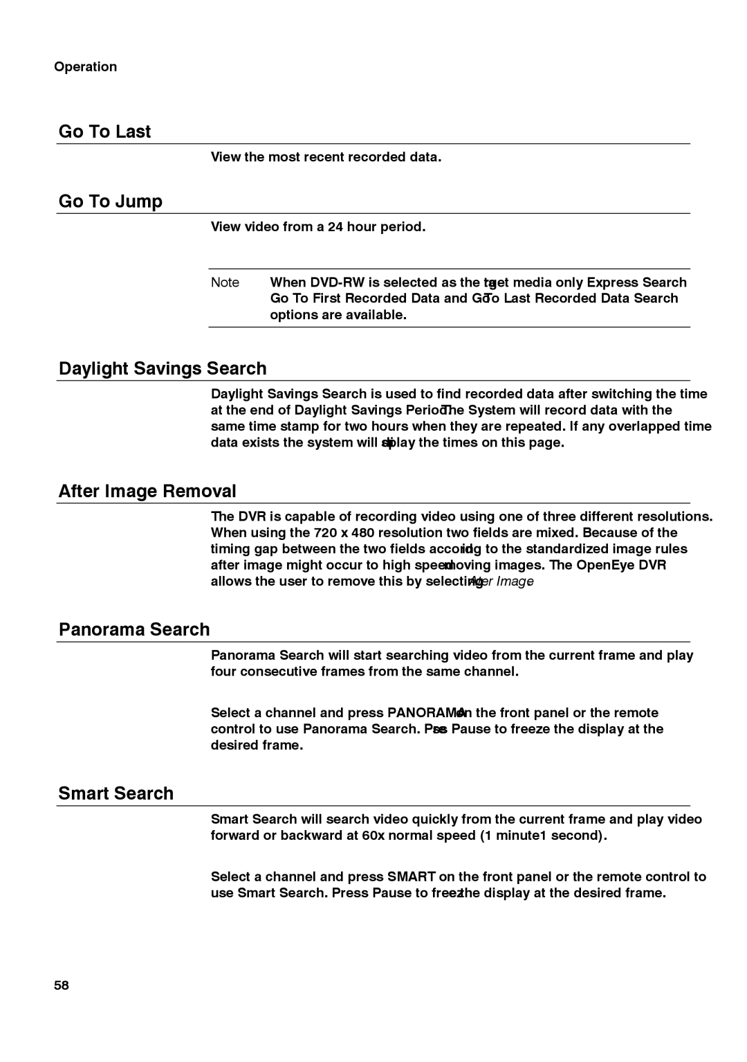 Honeywell HRDPX manual Go To Last, Go To Jump, Daylight Savings Search, After Image Removal, Panorama Search, Smart Search 