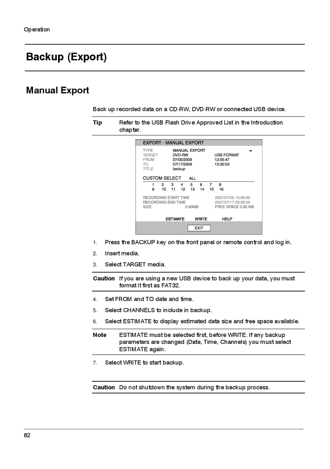 Honeywell HRDPX manual Backup Export, Manual Export 