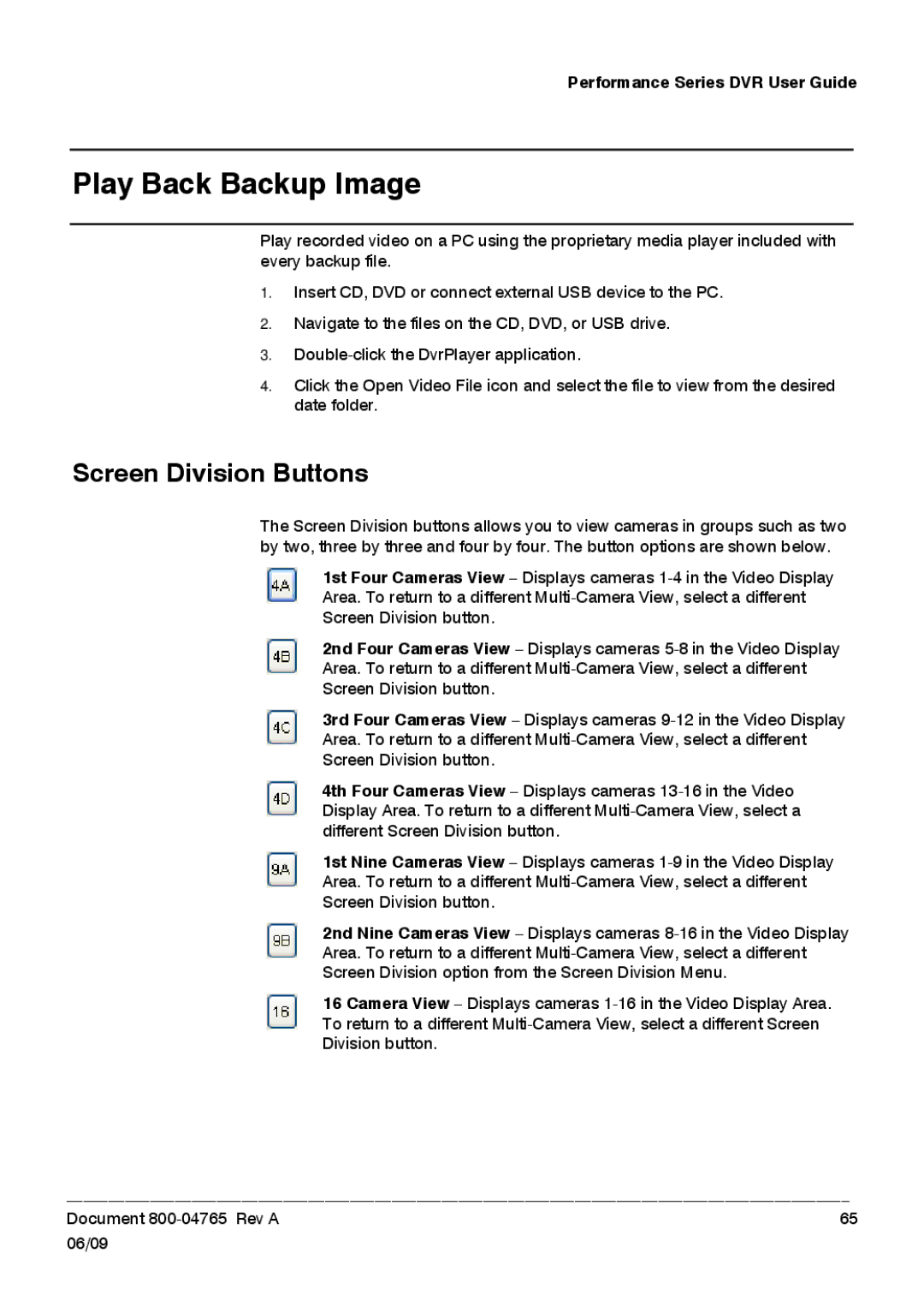 Honeywell HRDPX manual Play Back Backup Image, Screen Division Buttons 