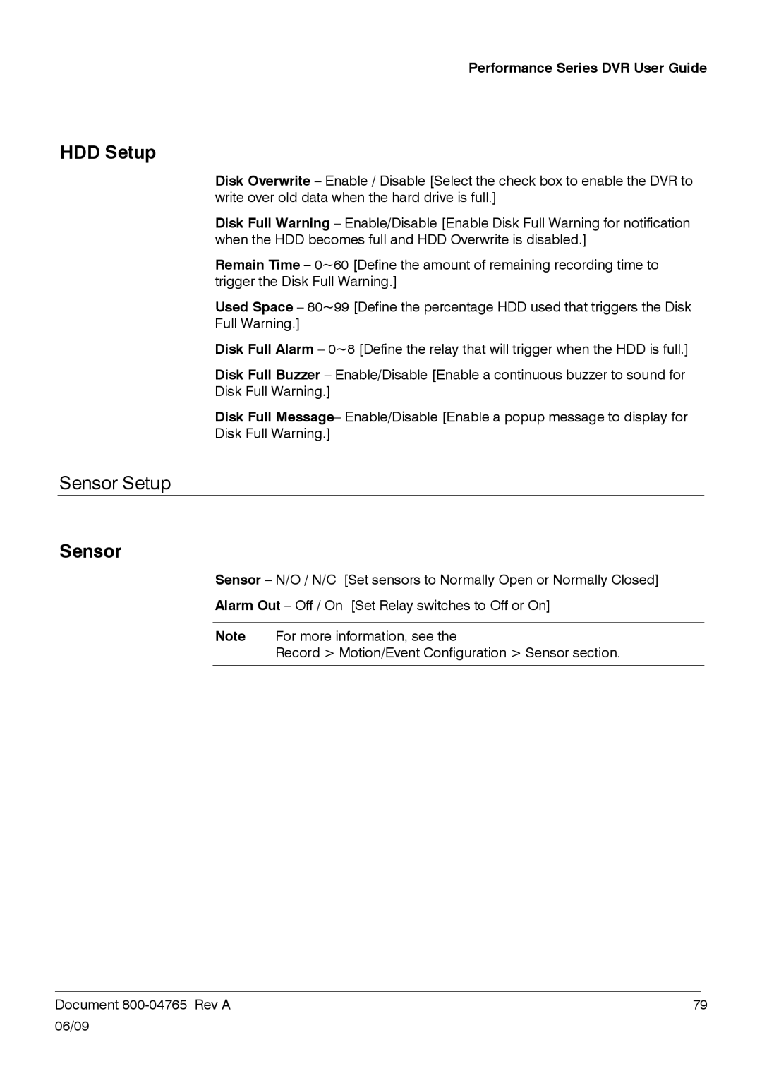 Honeywell HRDPX manual HDD Setup, Sensor Setup 