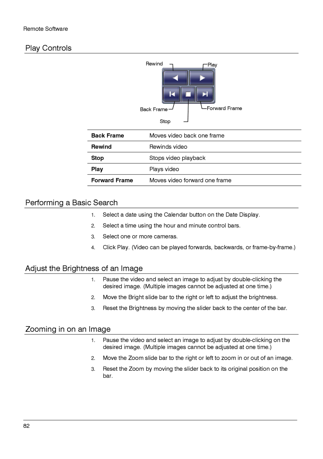 Honeywell HRDPX manual Play Controls, Performing a Basic Search, Adjust the Brightness of an Image, Zooming in on an Image 