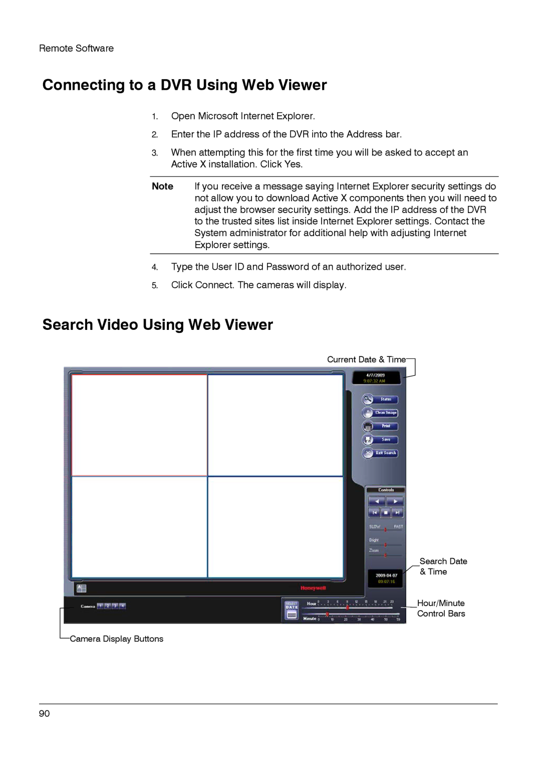 Honeywell HRDPX manual Connecting to a DVR Using Web Viewer, Search Video Using Web Viewer 