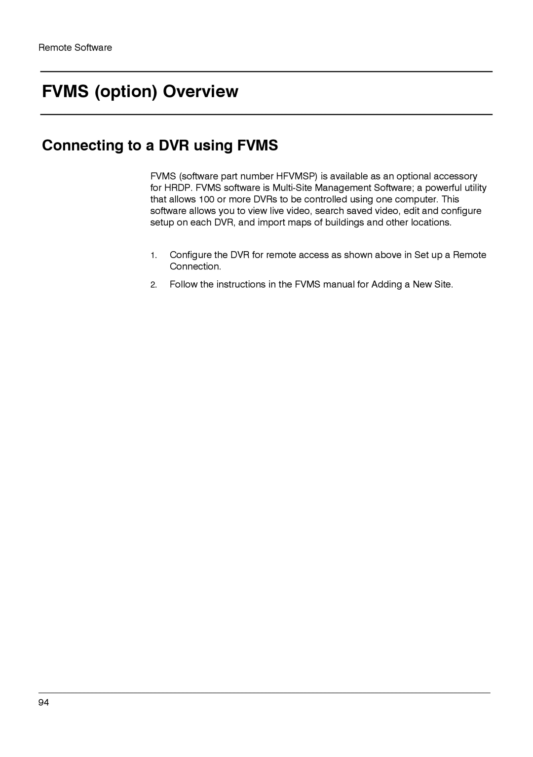 Honeywell HRDPX manual Fvms option Overview, Connecting to a DVR using Fvms 