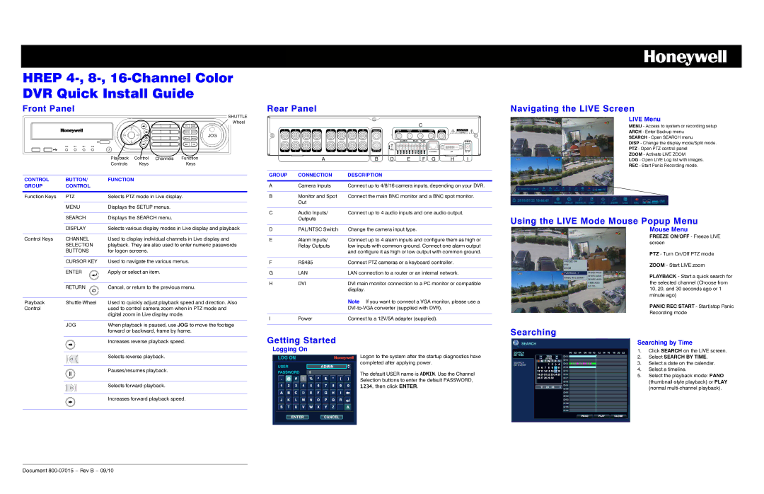 Honeywell HREP4, HREP8 manual Front Panel, Rear Panel, Getting Started, Navigating the Live Screen, Searching 