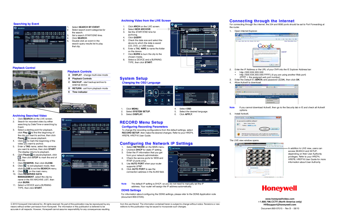 Honeywell HREP8 Connecting through the Internet, System Setup, Record Menu Setup, Configuring the Network IP Settings 