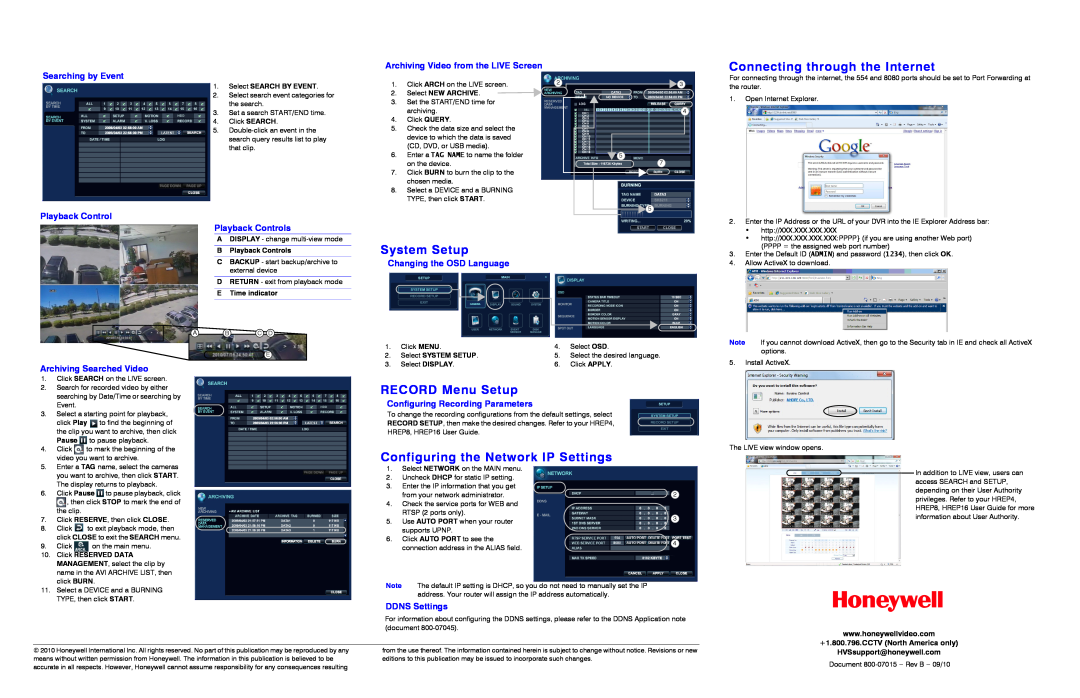 Honeywell HREP8 Connecting through the Internet, System Setup, RECORD Menu Setup, Configuring the Network IP Settings 