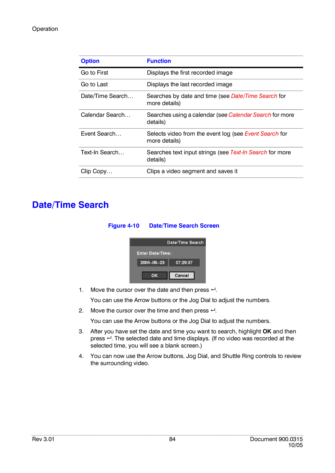 Honeywell HRHD 410 manual Date/Time Search, Option Function 