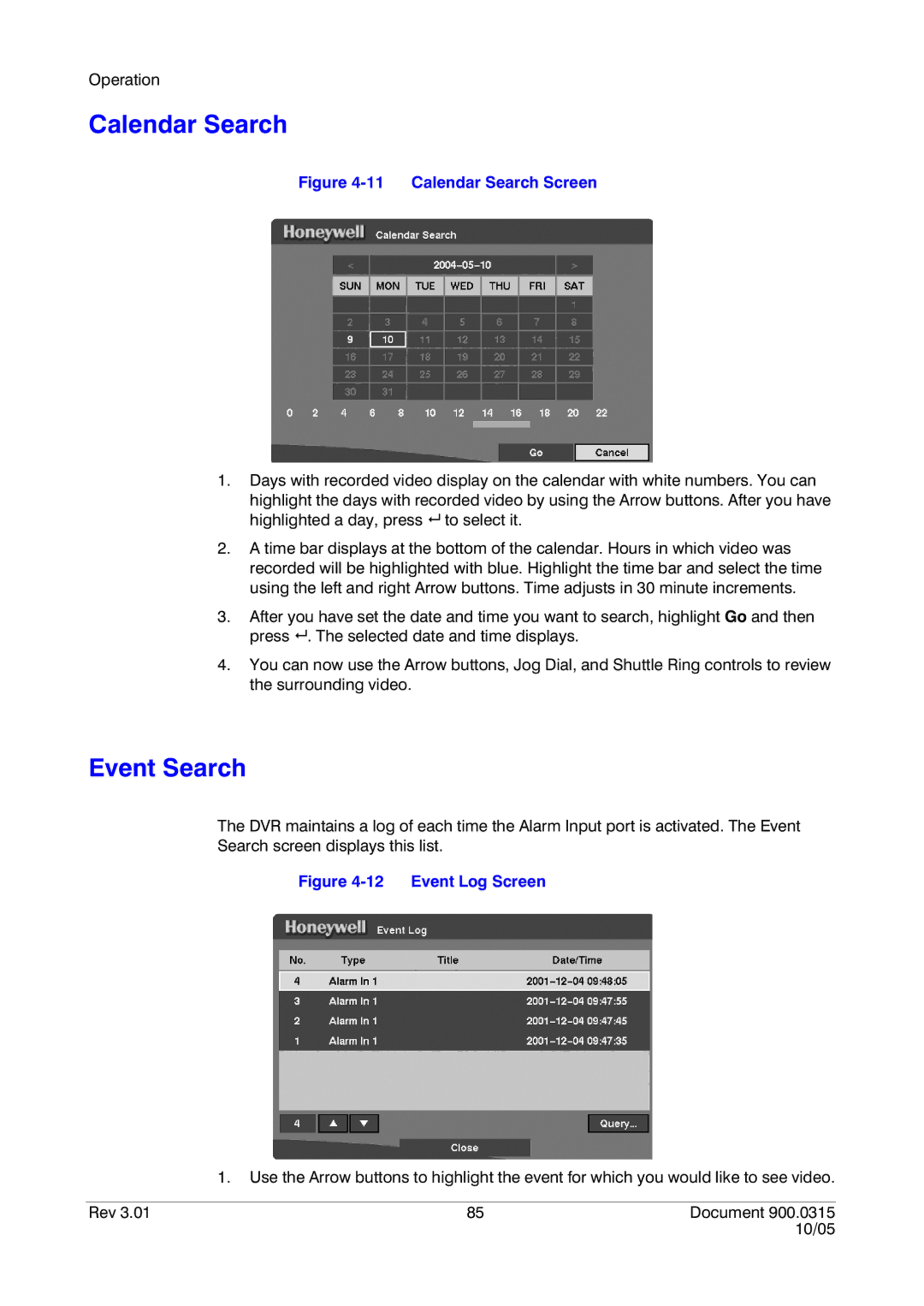 Honeywell HRHD 410 manual Calendar Search, Event Search 