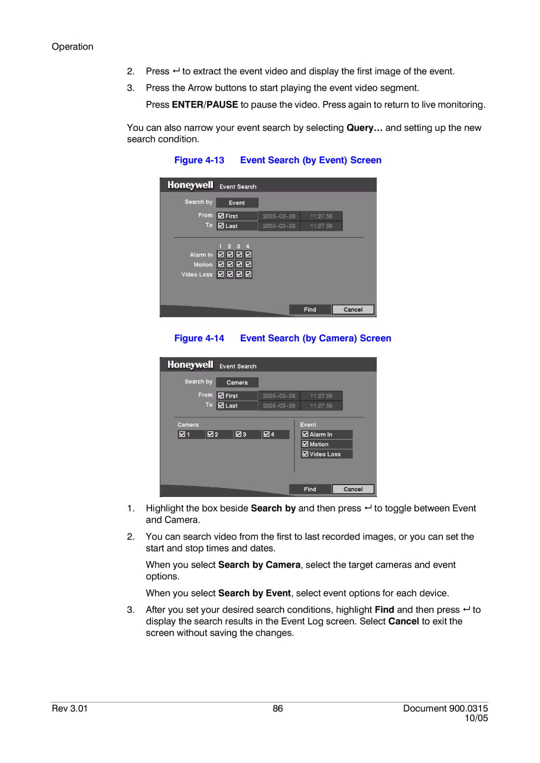 Honeywell HRHD 410 manual Event Search by Event Screen 