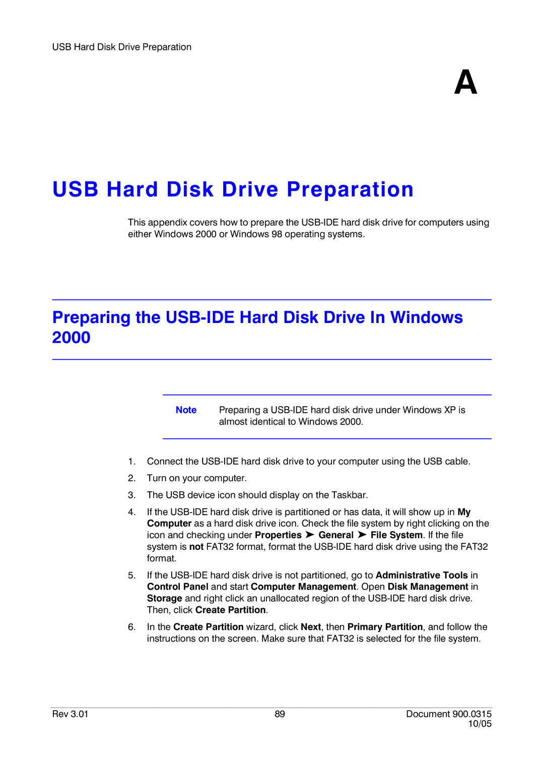 Honeywell HRHD 410 manual USB Hard Disk Drive Preparation, Preparing the USB-IDE Hard Disk Drive In Windows 