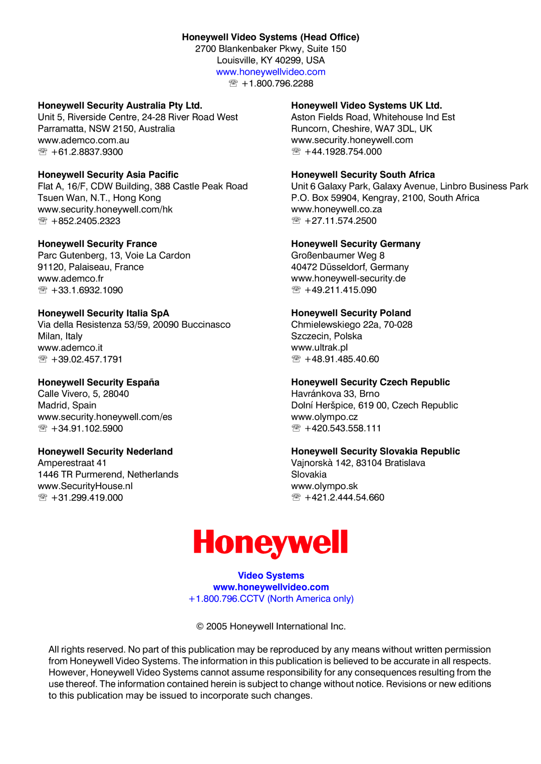 Honeywell HRHD 410 manual Honeywell Security France Honeywell Security Germany, Video Systems 