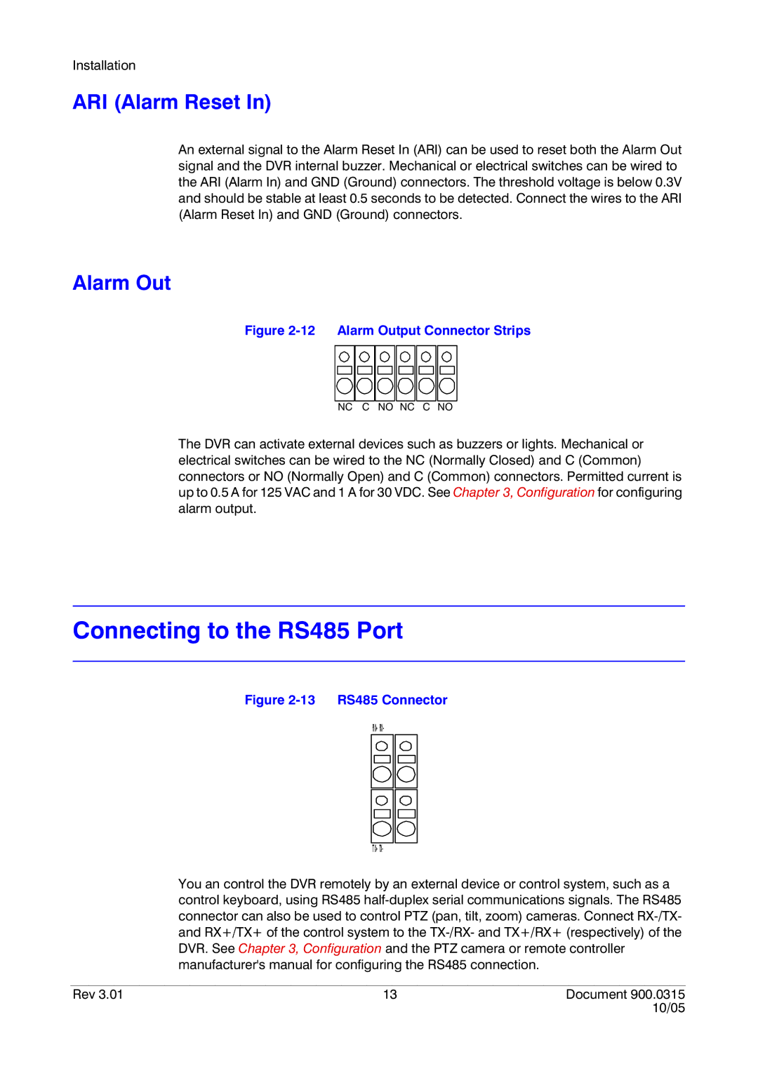 Honeywell HRHD 410 manual Connecting to the RS485 Port, ARI Alarm Reset, Alarm Out 