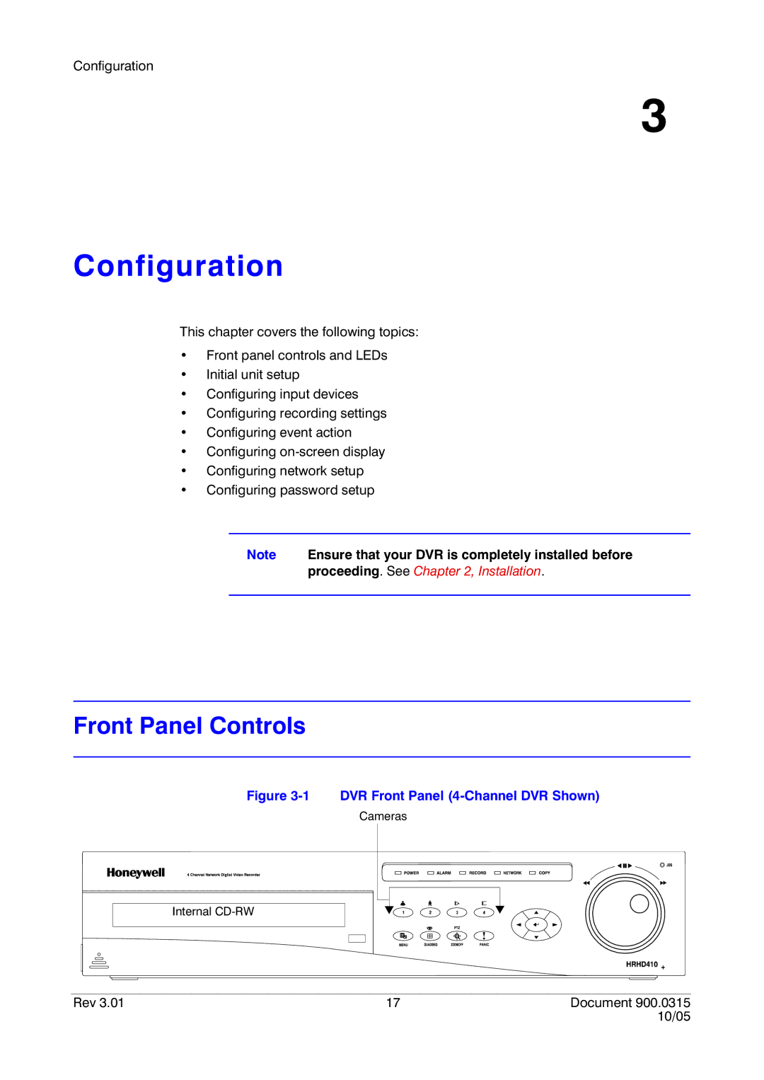 Honeywell HRHD 410 manual Configuration, Front Panel Controls 