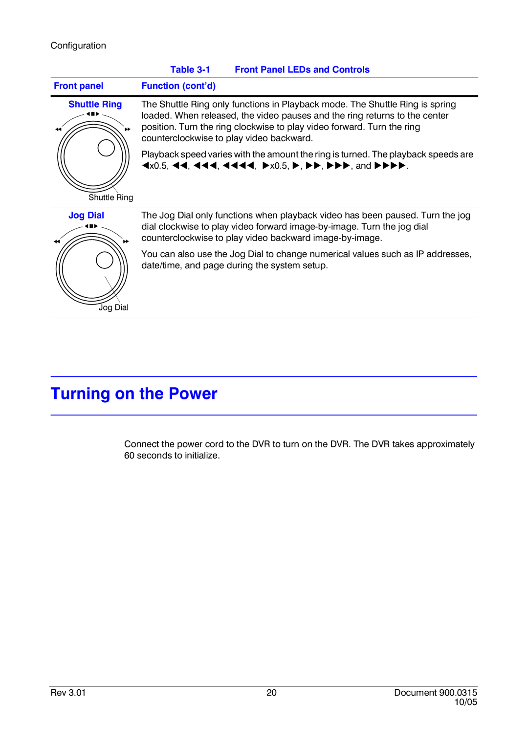 Honeywell HRHD 410 manual Turning on the Power, Front panel Function cont’d Shuttle Ring, Jog Dial 