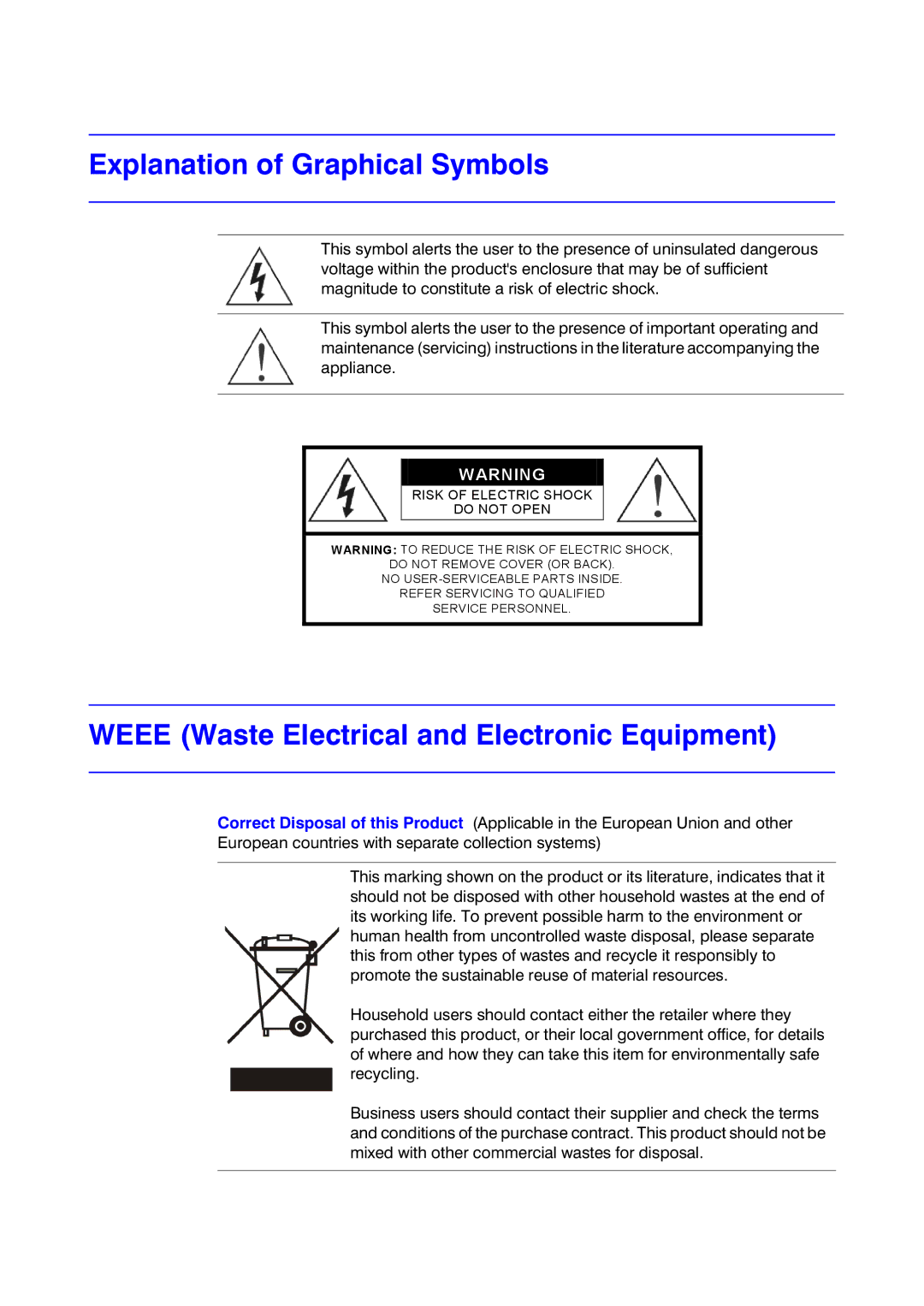 Honeywell HRHD 410 manual Explanation of Graphical Symbols, Weee Waste Electrical and Electronic Equipment 