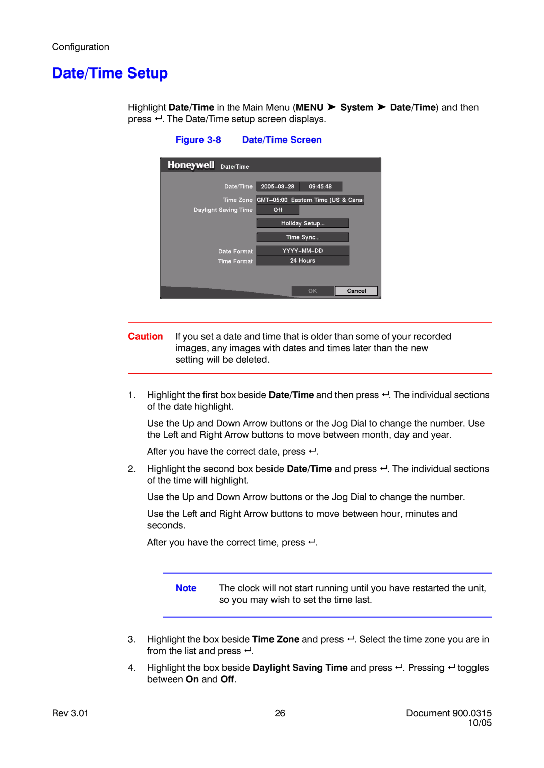 Honeywell HRHD 410 manual Date/Time Setup, Date/Time Screen 