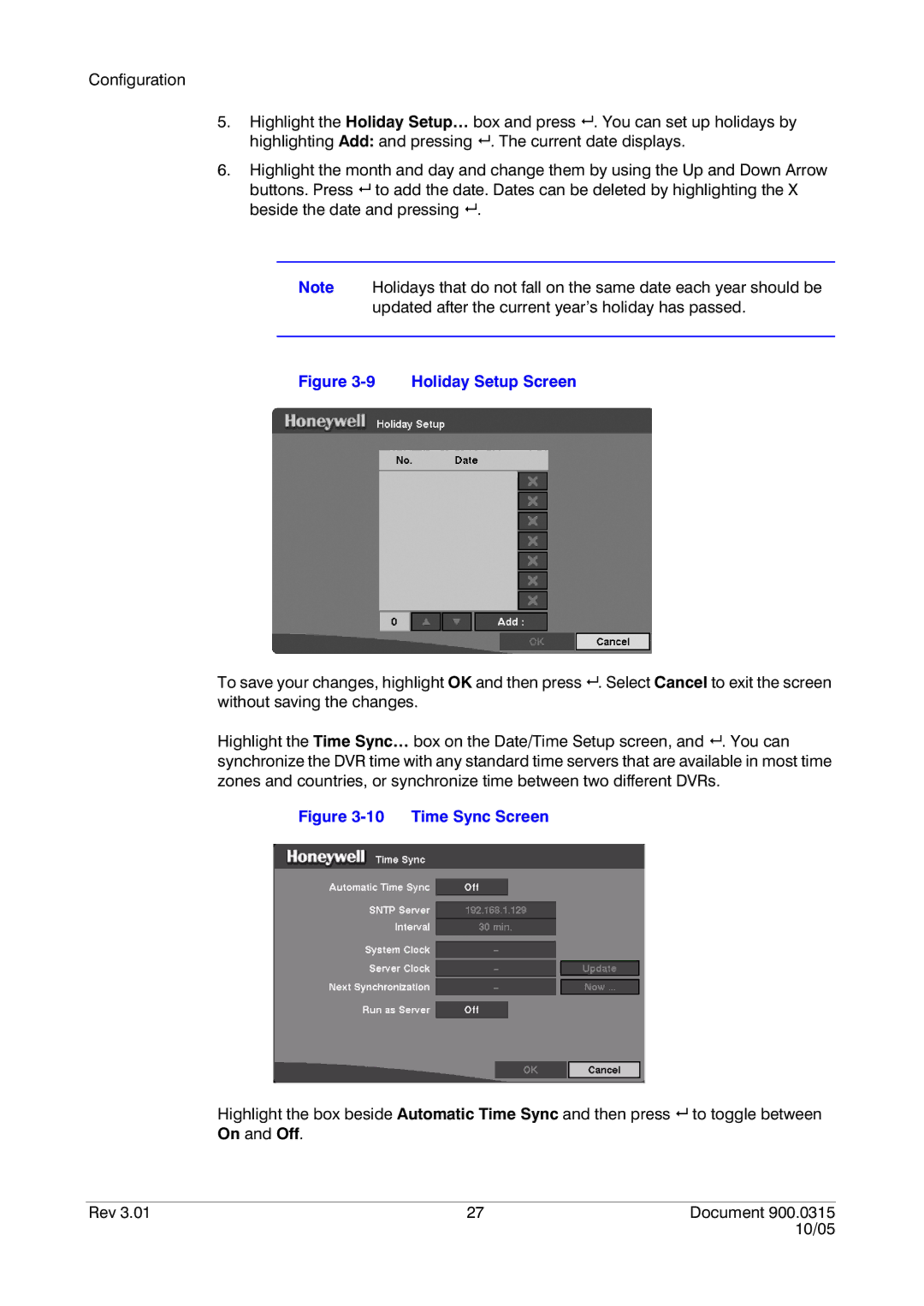 Honeywell HRHD 410 manual Holiday Setup Screen 