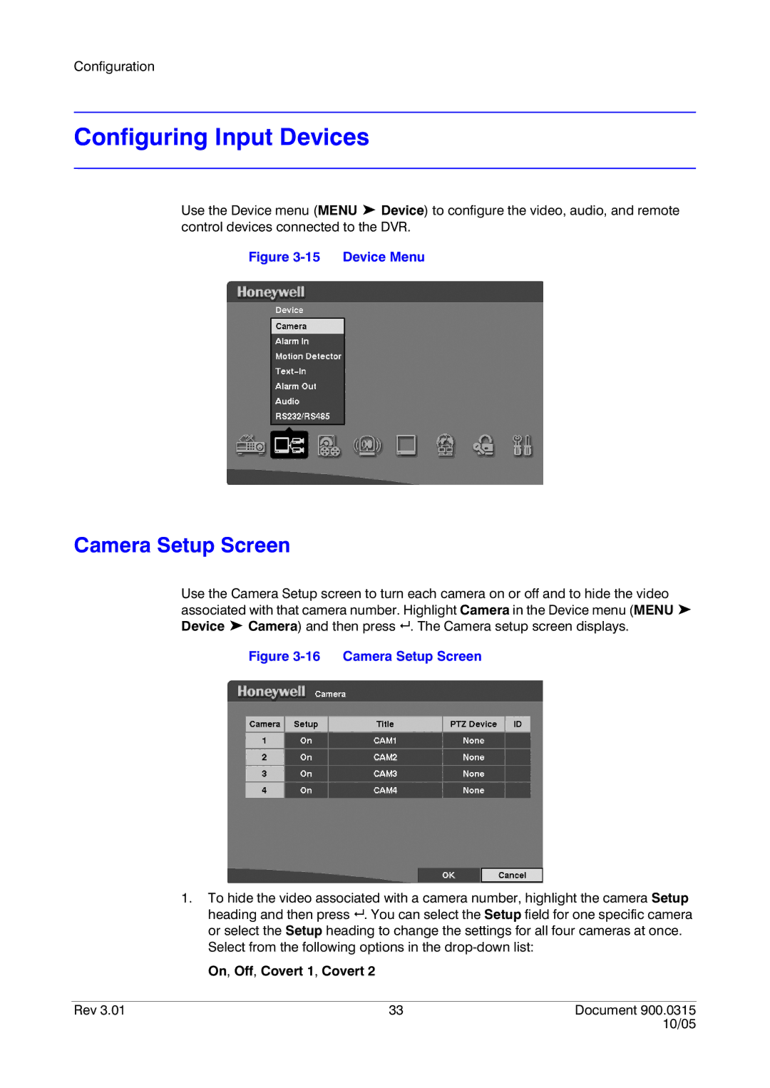 Honeywell HRHD 410 manual Configuring Input Devices, Camera Setup Screen 