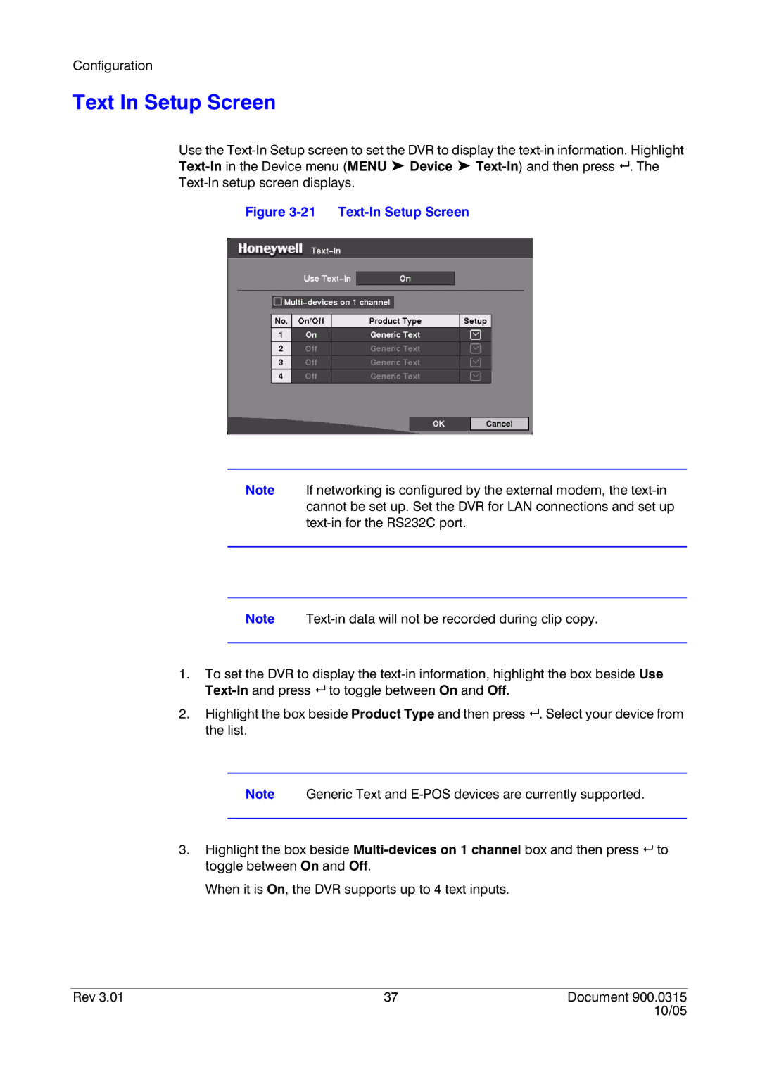 Honeywell HRHD 410 manual Text In Setup Screen, Text-In Setup Screen 