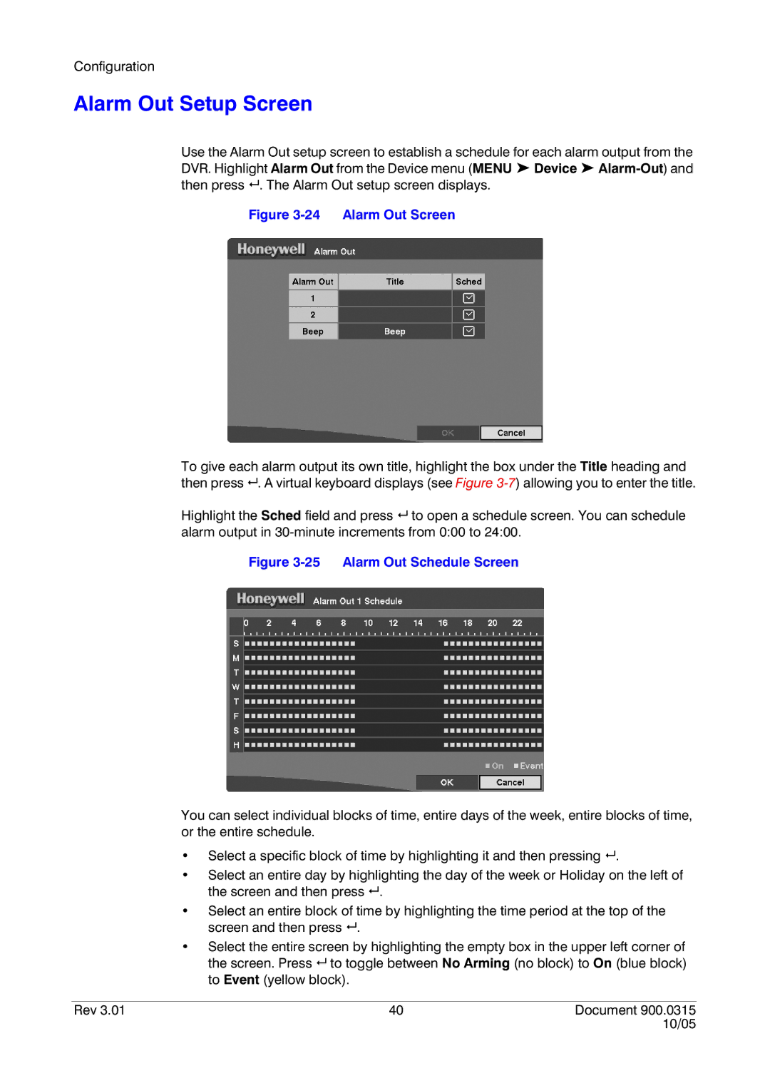 Honeywell HRHD 410 manual Alarm Out Setup Screen, Alarm Out Screen 