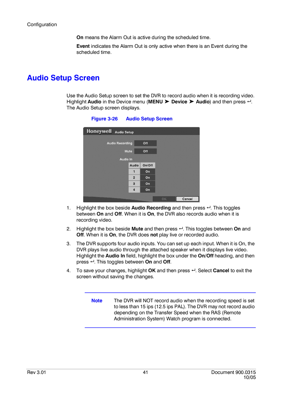 Honeywell HRHD 410 manual Audio Setup Screen 