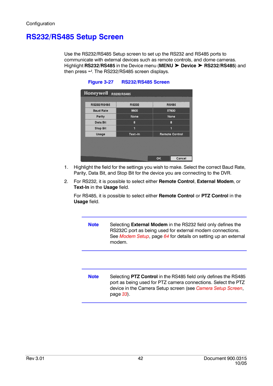 Honeywell HRHD 410 manual RS232/RS485 Setup Screen, 27 RS232/RS485 Screen 